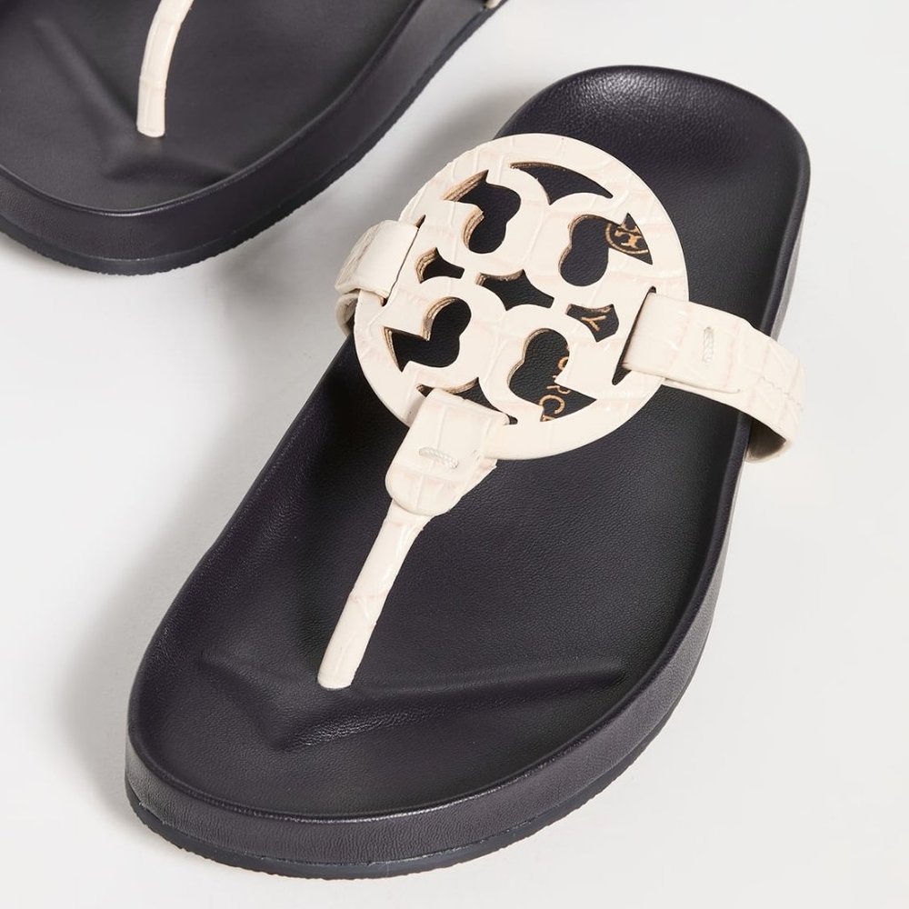 Tory Burch CROC EMBOSSED Miller Cloud Leather Thong Slides New Ivory Cream Navy - Picture 5 of 7
